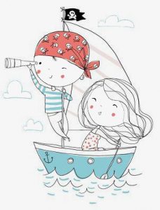 niño y niña juegan a ser piratas sobre un barco